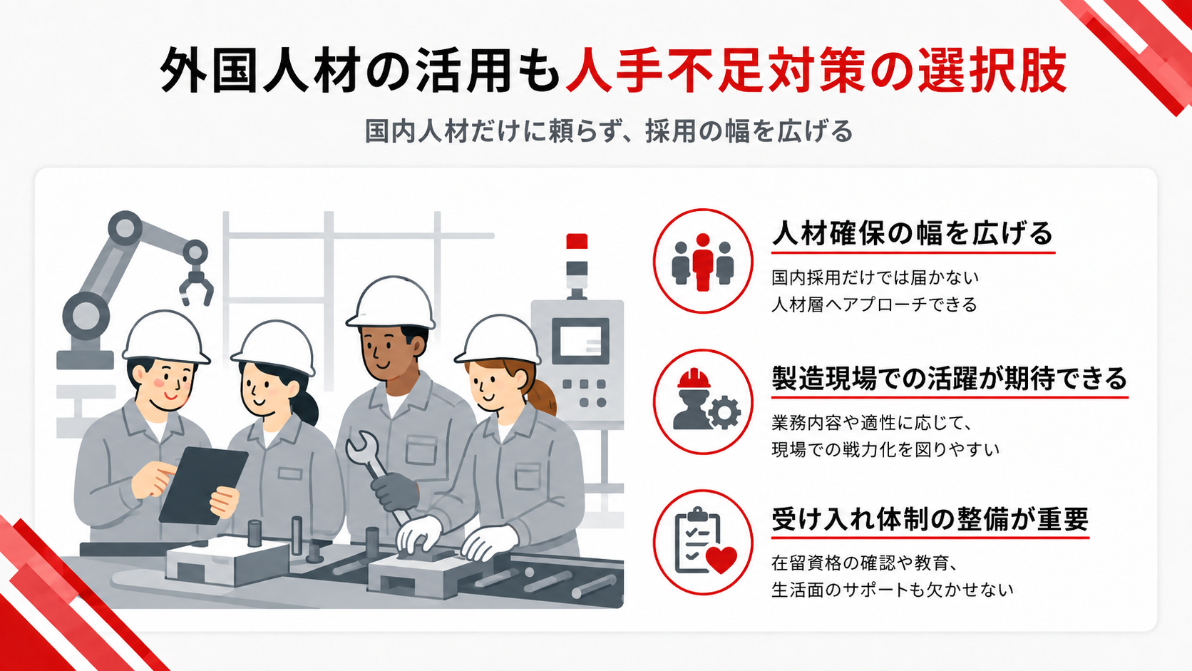 製造業における外国人材活用のポイントをまとめた図解